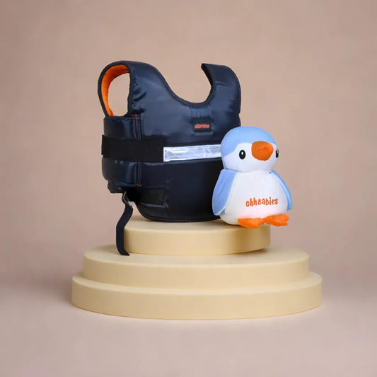 Two Wheeler Child Safety Belt ( Black) & Penguin Soft Toy (Blue) Combo